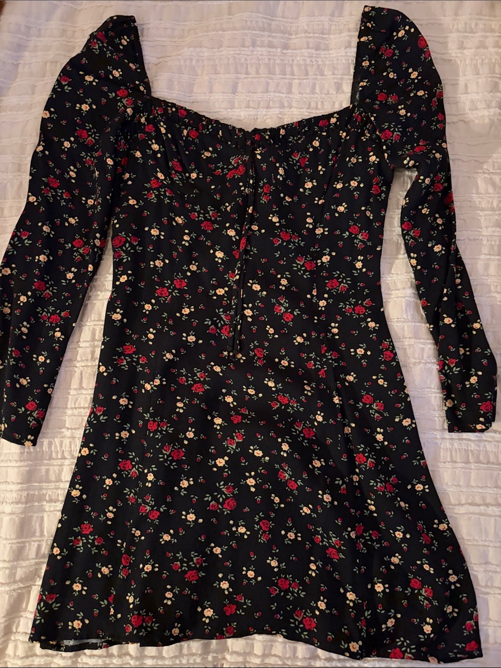 Reformation Black Floral Long-Sleeve Square Neck Dress with Red & Cream Blooms